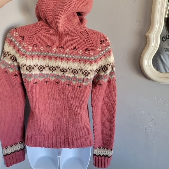 Cielo Pink Hoodie Sweater Fair Isle Chunky Knit Hooded Wood Buttons Pullover Sm - Picture 4 of 6